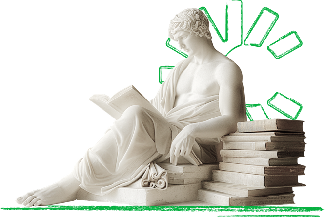 Statue reading books representing knowledge and resources